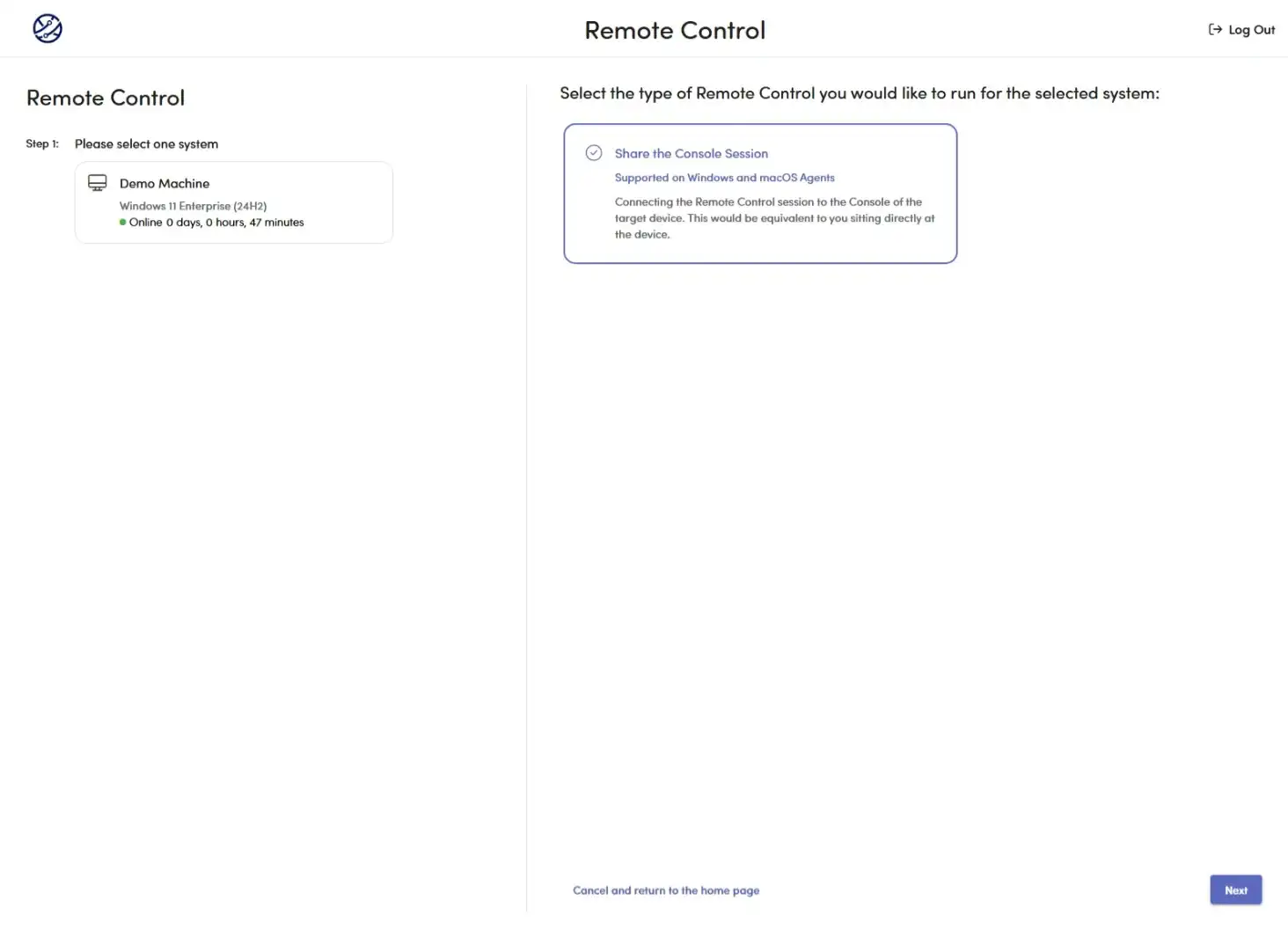 Screenshot of session type selection